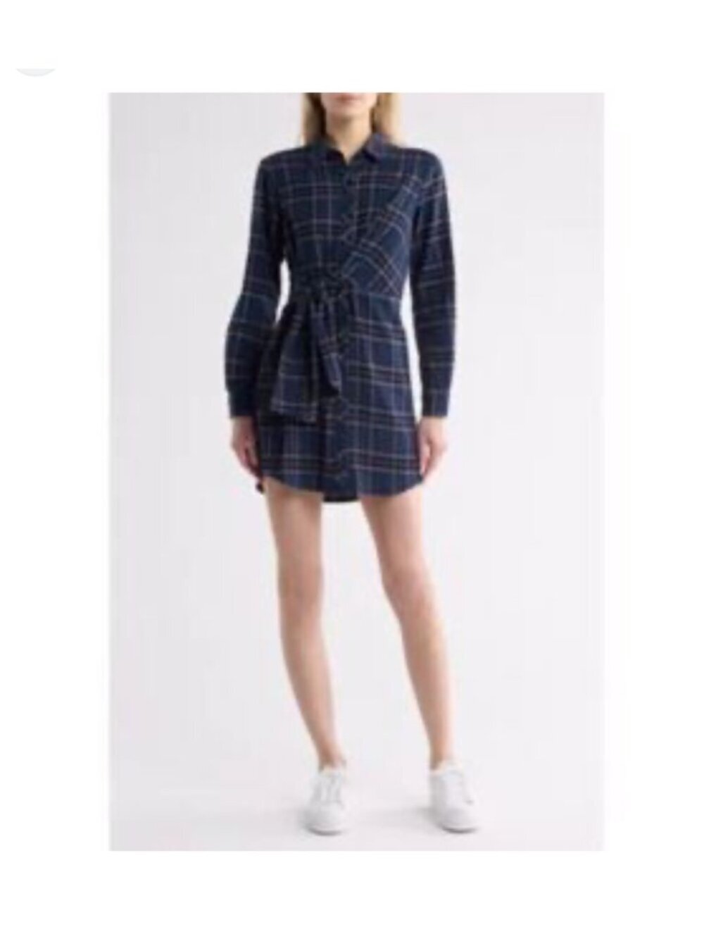 NWT Lush Navy Plaid Cotton Flannel Shirt Dress Tie Waist Button Front Size XL
